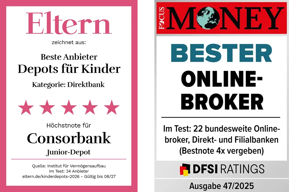 Auszeichnungen fairste Direktbank von BÖRSE ONLINE und bester Online-Broker von FOCUS Money