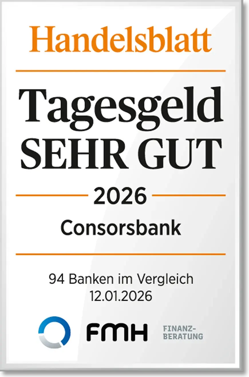 Auszeichnung von Handelsblatt bestes Tagesgeld 2026, Bild enthält Link zur Seite Handelsblatt: Das sind die besten Tages- und Festgeldkonten 2026