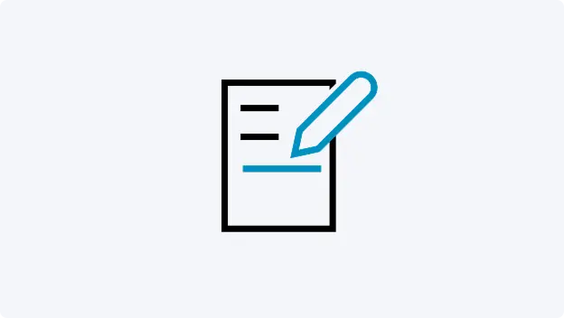 Icon Antrag mit Formular und blauem Stift vor grauen Hintergrund