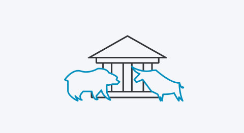 Icon Bankgebäude mit Bulle und Bär in blau