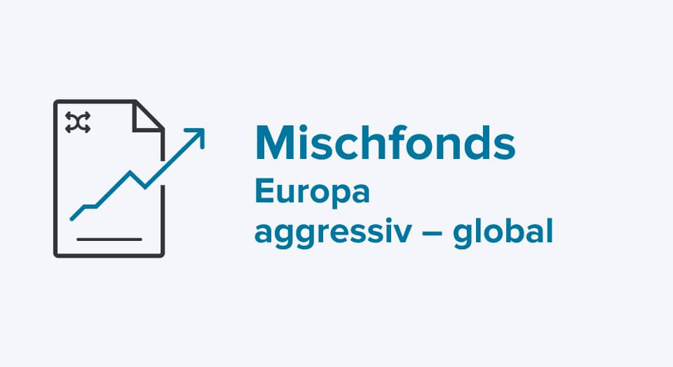 Icon mit stilisiertem Aktienchart mit blauem Text: Mischfonds Europa aggressiv global