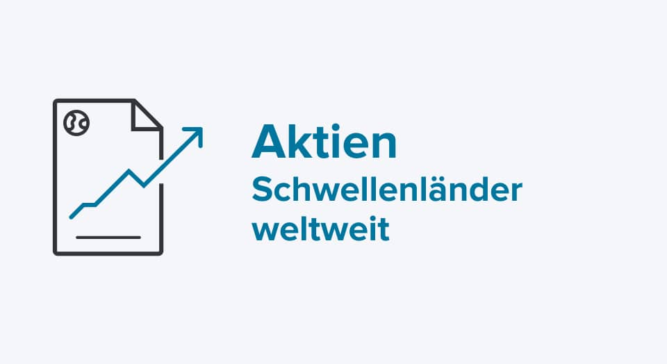 Icon mit stilisiertem Aktienchart und Globus mit blauem Text: Aktien Schwellenländer weltweilt