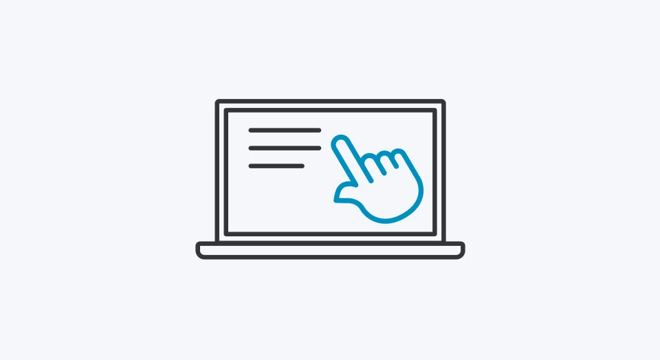 Icon Laptop mit Strichen als Text und blauem Finger als Mauszeiger