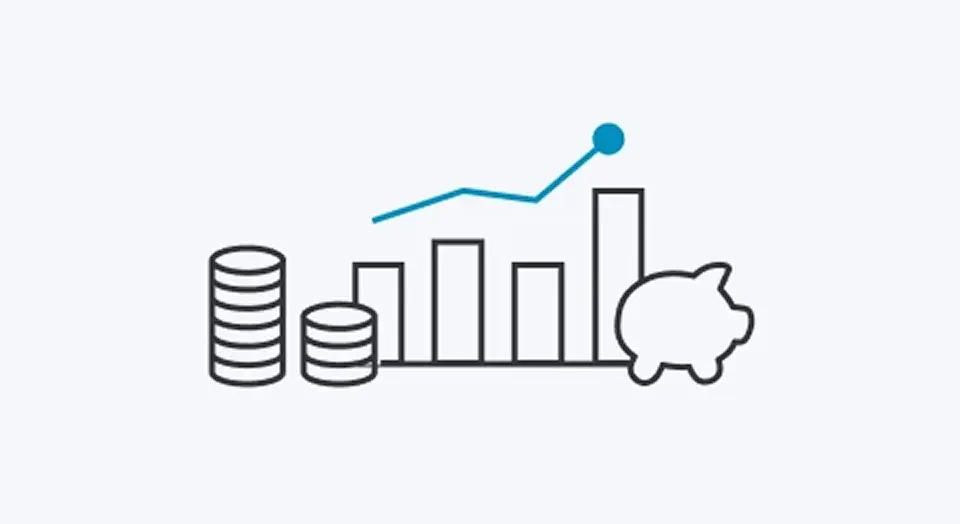 Grafik zu Depotwachstum mit Münzen, Balkendiagramm und Sparschwein