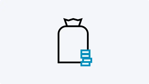 Icon Geldsack mit Stapel von blauen Münzen im Vordergrund