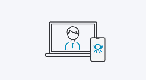 Icon Laptop mit Männchen auf dem Bildschirm und Smartphone mit Post Logo