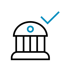 Icon Bankgebäude mit blauen Haken rechts oben