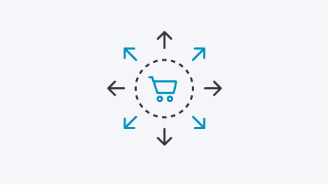 Icon blauer Einkaufswagen mit Pfeilen drum herum