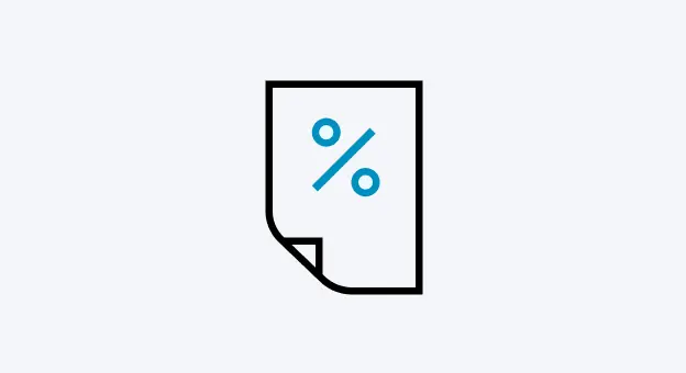 Icon Blatt Papier mit blauem Prozentzeichen darauf