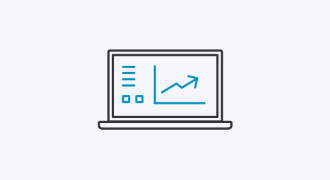 Icon Laptop mit Tradingtools in blau