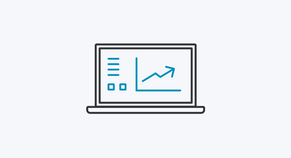 Icon Laptop mit Tradingtools in blau