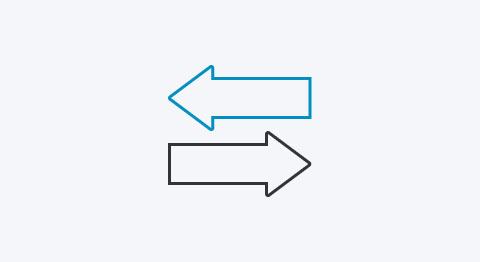 Icon schwarzer Pfeil nach rechts zeigend und blauer Pfeil nach links zeigend