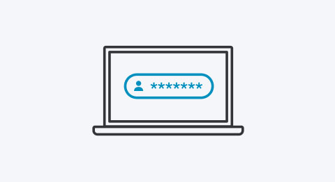 Icon Laptop mit anonymisierten Zugangsdaten auf dem Bildschirm in blau