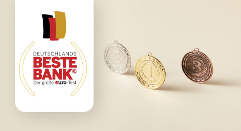 Logo Deutschlands Beste Bank neben Auszeichnungsmedaillen
