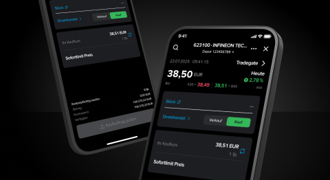 Zwei Smartphones mit geöffneter Consorsbank Pro App im Darkmode auf schwarzem Hintergrund