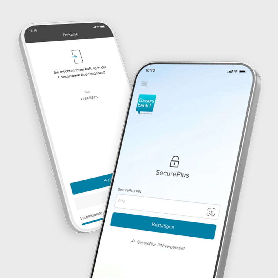 Zwei Smartphones mit geöffneter Consorsbank SecurePlus App