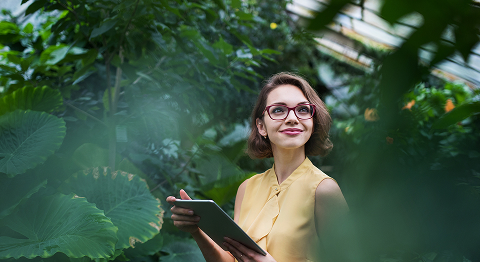 Frau in gelbem Oberteil mit Brille ist in einem Gewächshaus und schaut durch die Pflanzen hindurch