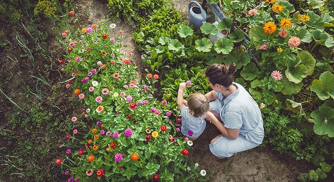 Mutter und Kind mitten im grünen Garten