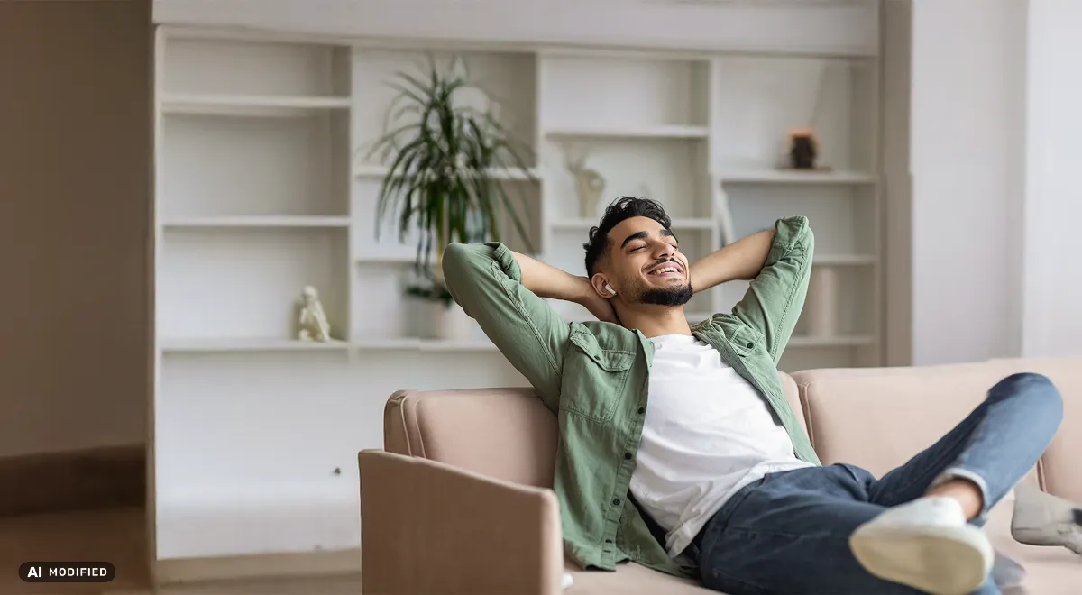 Mann mit hinter dem Kopf verschränkten Armen und zufriedenen Lächeln auf einer Couch sitzend