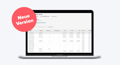 Laptop mit geöffnetem FutureTrader und runden Störer in der Farbe korall mit dem Text 'neue Version'