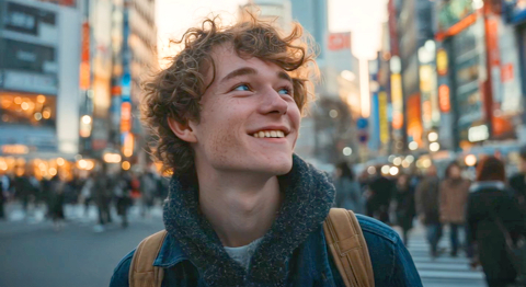 Junger Mann mit gelockten Haaren steht auf Straße und schaut lachend in den Himmel