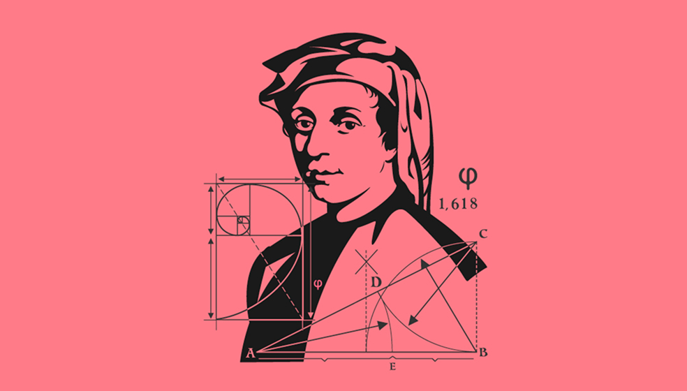 Das Bild zeigt eine stilisierte Büste einer Person im Profil, kombiniert mit geometrischen Formen und mathematischen Linien zur Veranschaulichung des Goldenen Schnitts (Phi, 1,618). Zu sehen sind ein Fibonacci-Spirale, Rechtecke, Dreiecke und markierte Punktlinien mit Beschriftungen, die das Verhältnis des Goldenen Schnitts auf verschiedene Bereiche der Darstellung anwenden.