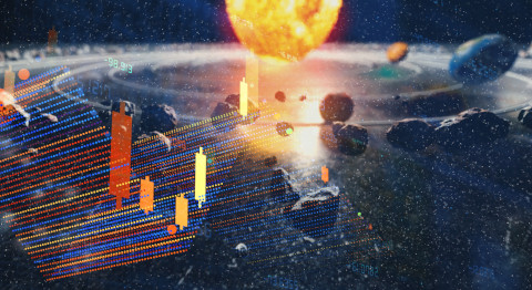 Das Bild zeigt eine grafische Darstellung von Börsendaten mit Balken- und Punktdiagrammen in gelb, orange, blau und rot. Im Hintergrund ist eine künstlerische Darstellung des Weltalls zu sehen, mit Planeten, Asteroiden und einer leuchtenden Sonne. Die Zahlen und Diagramme sind teilweise transparent über die Weltraumszene gelegt. Die Grafik verbindet Börsenkurse mit einem kosmischen Motiv, ohne konkrete Achsen oder Werte darzustellen.