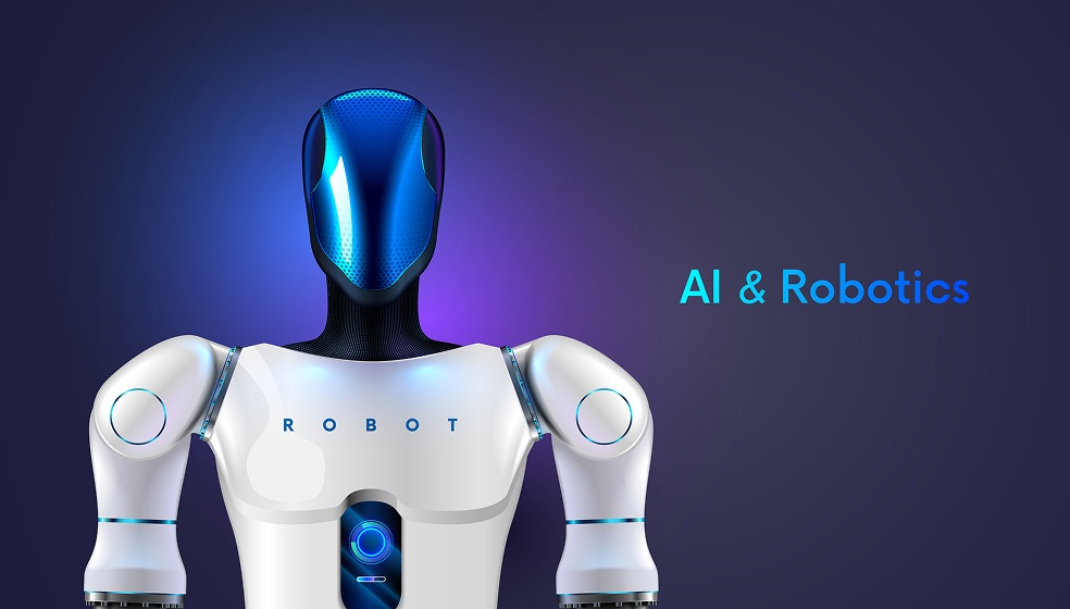 Roboter mit relativ menschlichen Proportionen, weißem Oberkörper  und blauem Kopf vor einem blau-lila Hintergrund