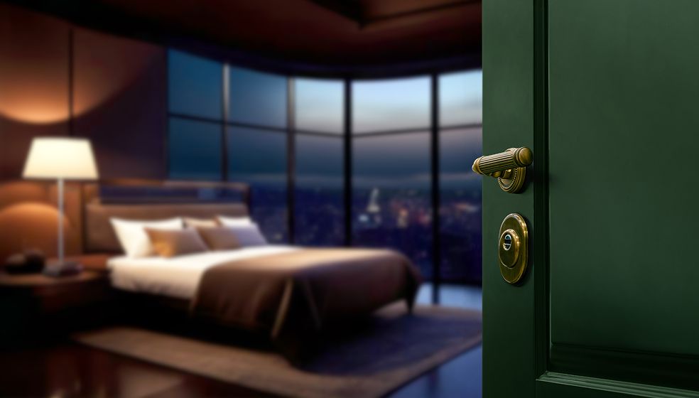 Das Bild zeigt eine teilweise geöffnete grüne Tür, die den Blick in ein modernes Schlafzimmer mit großem Bett, Stehlampe und Panoramafenstern mit Stadtblick bei Dämmerung freigibt. Das Bild ist unscharf, bis auf den scharfen Türgriff im Vordergrund.