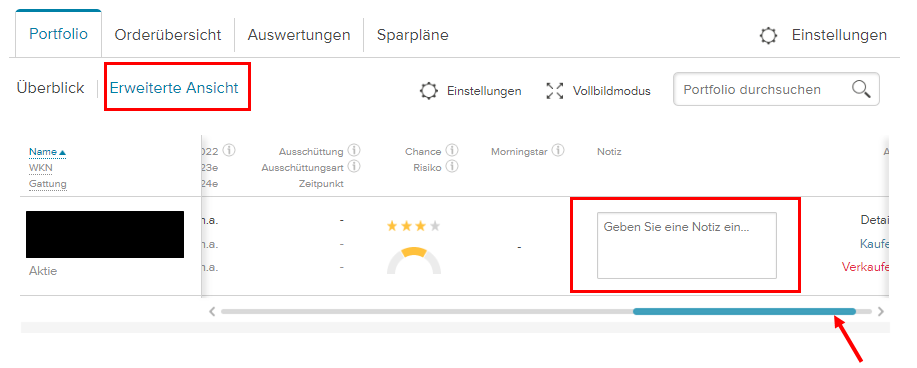 Screenshot der Notizmöglichkeit im Depot