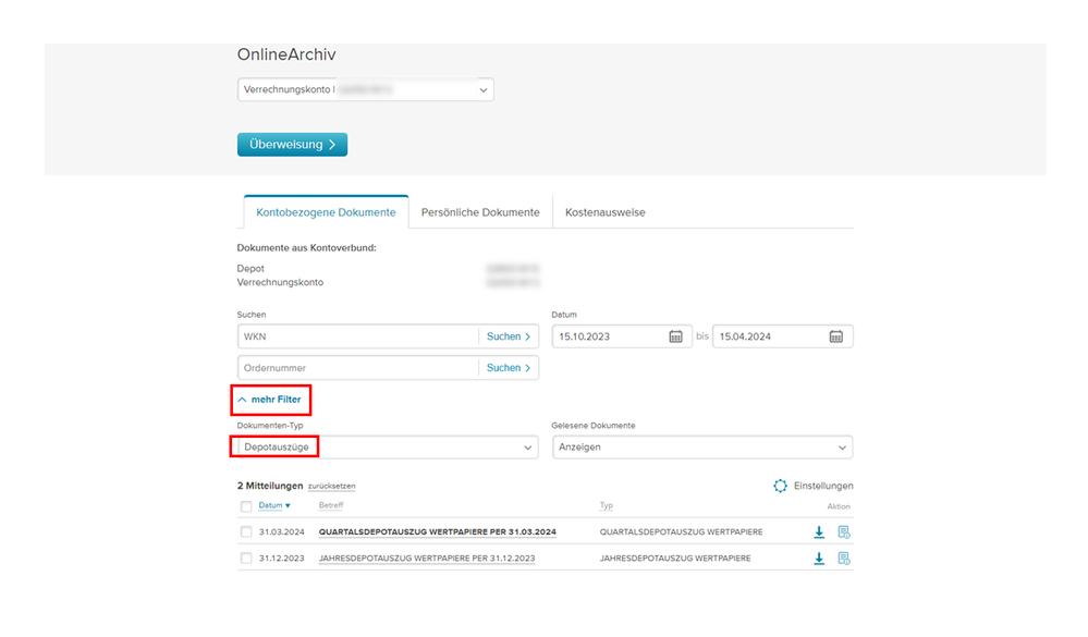 Screenshot des OnlineArchivs zur Suche des Jahresdepotauszugs