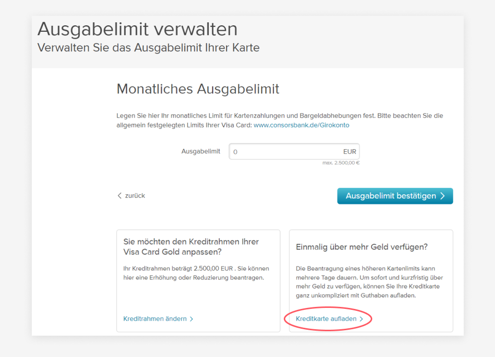 Ausgabelimit verhalten auf der Consorsbank Website