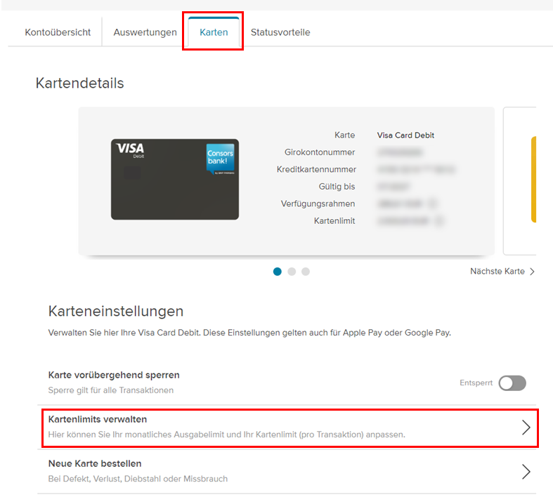 Anpassung des Limits auf der Website für die Visa Card Debit