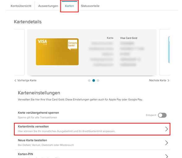 Anpassung des Limits auf der Website für die Visa Card Gold und Credit Card Gold Light