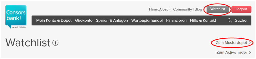 Bild, wo Sie das Musterdepot auf der Consorsbank Website finden