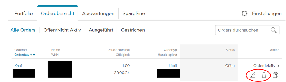 Screenshot der Orderübersicht zum Bearbeiten einer offenen Order