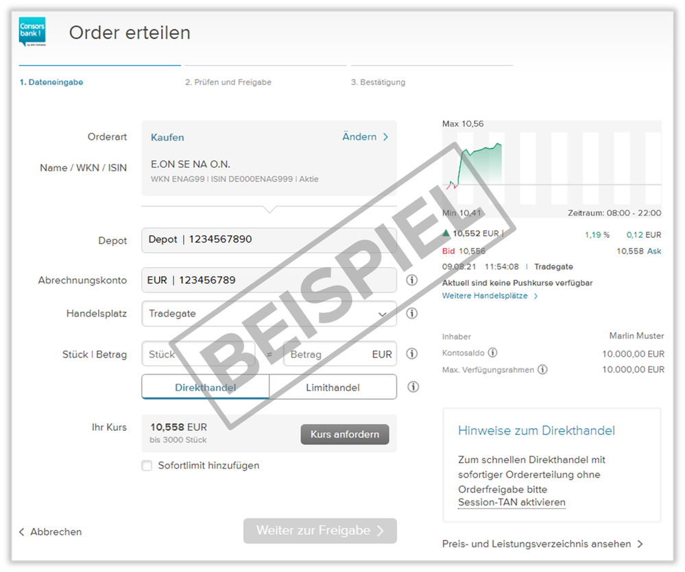 Screenshot einer Ordermaske bei der Consorsbank