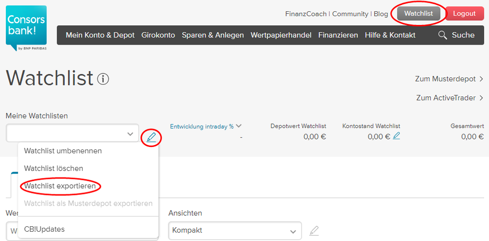 Screenshot zur Darstellung der Exportfunktion in der Watchlist