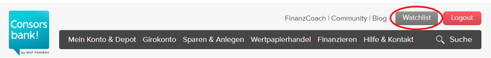Screenshot, wie Sie die Watchlist auf der Website der Consorsbank finden können