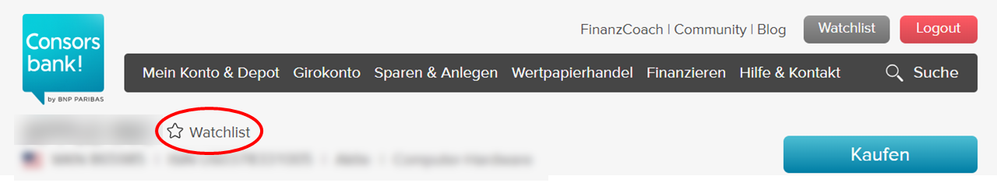 Screenshot zur Darstellung der Favoriten-Funktion in der Watchlist