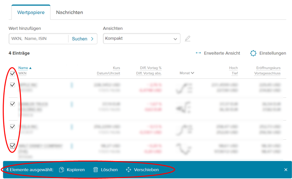 Screenshot zur Darstellung der Importfunktion in der Watchlist