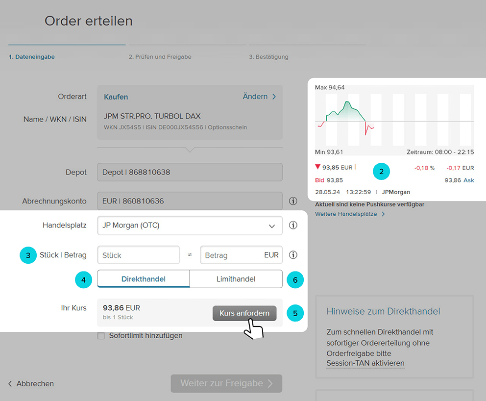 Screenshot der Consorsbank Ordermaske im eingeloggten Bereich