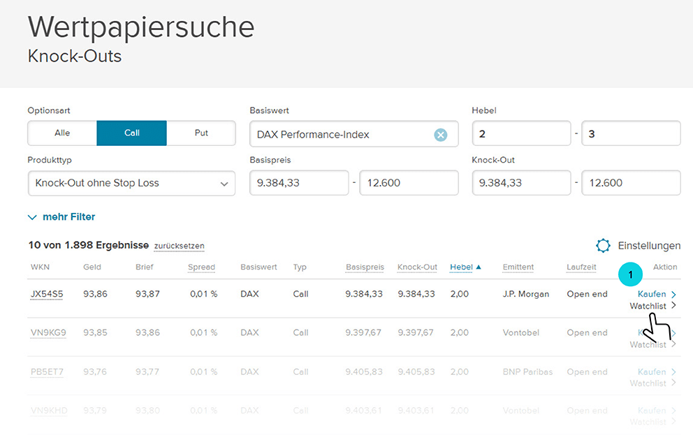 Screenshot der Consorsbank Wertpapiersuche bei Knock-Outs