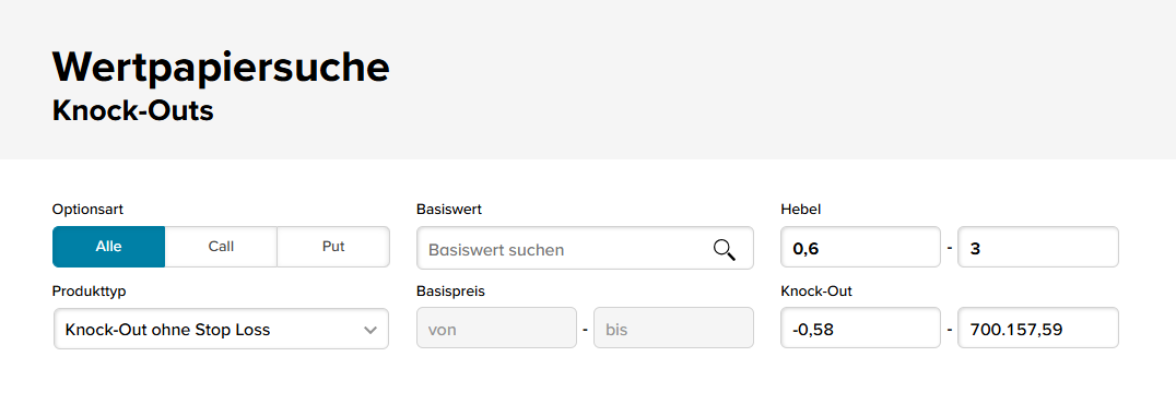 Screenshot der Consorsbank Wertpapiersuche für Knock-Outs