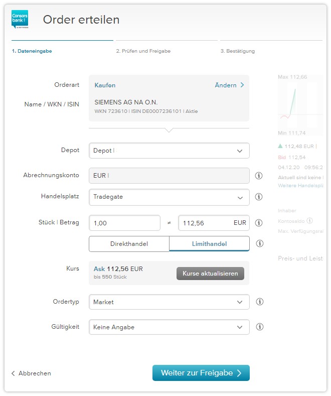 Screenshot aus dem eingeloggten Bereich der Consorsbank