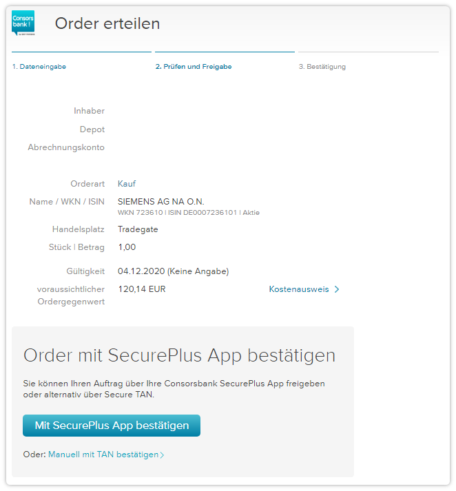 Screenshot aus dem eingeloggten Bereich der Consorsbank