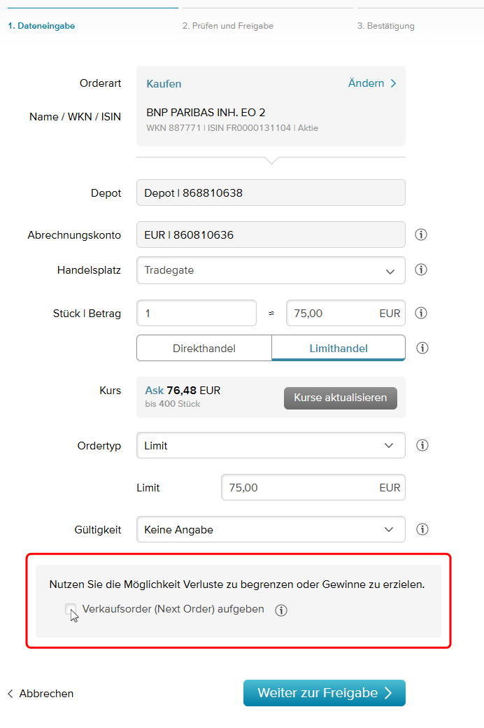 Screenshot der Ordereingabe im eingeloggten Bereich der Consorsbank