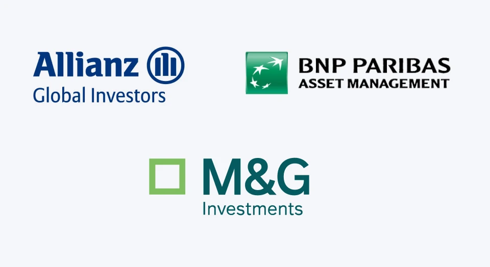Logos von Allianz Global Investors, BNP Paribas Asset Management und M&G Investments auf hellgrauem Hintergrund