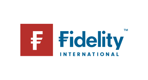 Rotes Fidelity International Logo mit blauem Schriftzug
