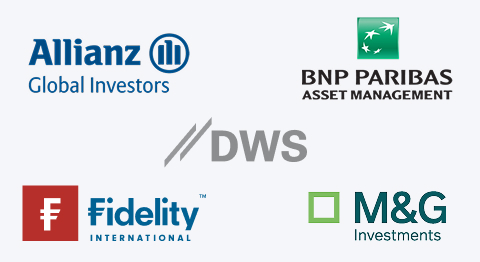 Logos von Allianz Global Investors, BNP Paribas Asset Management, DWS, Fidelity International und M&G Investments auf hellgrauem Hintergrund